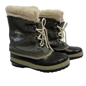 Sorel Unisex Gray Black Waterproof Faux Fur Lined Winter Snow Boots Size 3 Wool